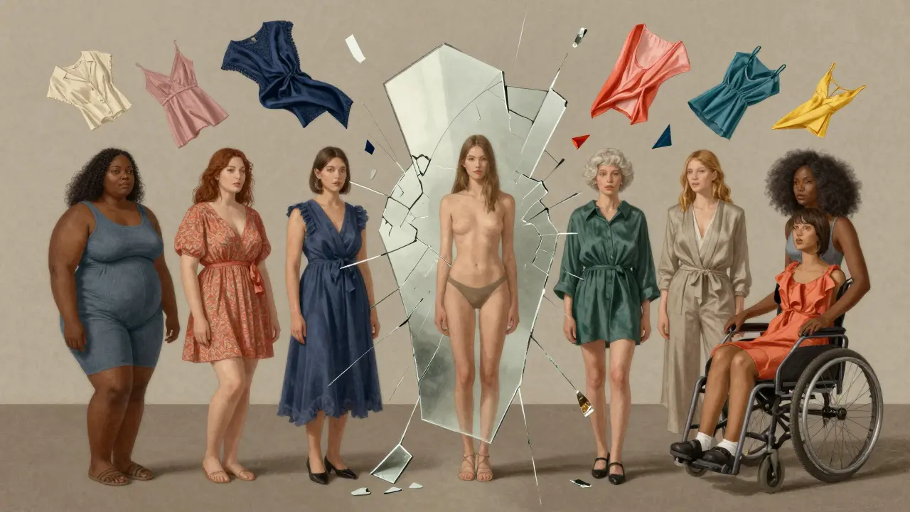 A fractured mirror reflects diverse supermodels, shattering the traditional beauty standard with vibrant fashion pieces rising from the shards.