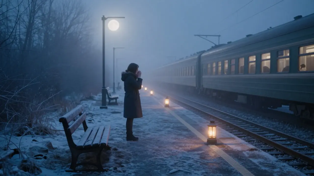 A frost-covered abandoned train platform at night, with a lone figure whispering as a faint glowing train appears in the mist.