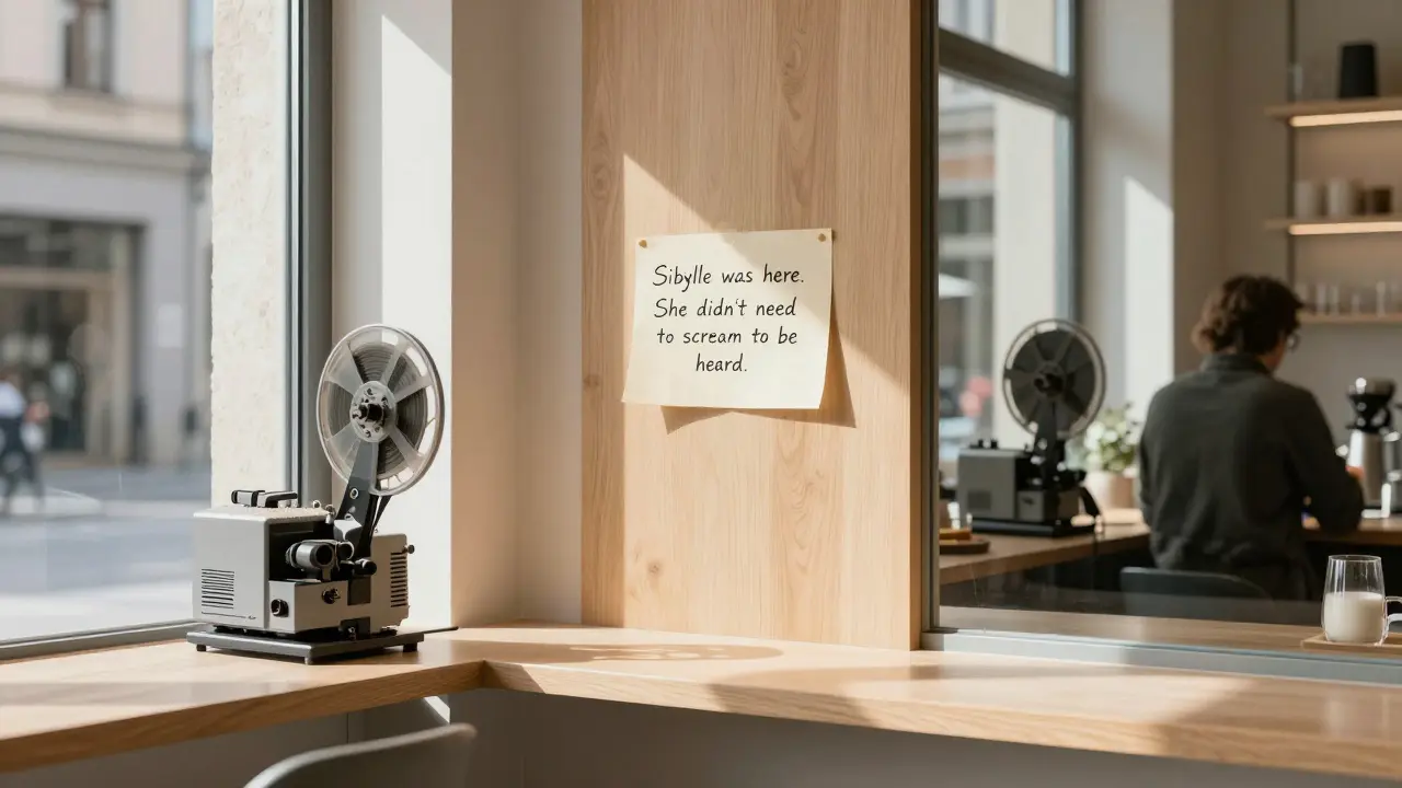 A handwritten note on a coffee shop wall reads 'Sibylle was here. She didn’t need to scream to be heard.'