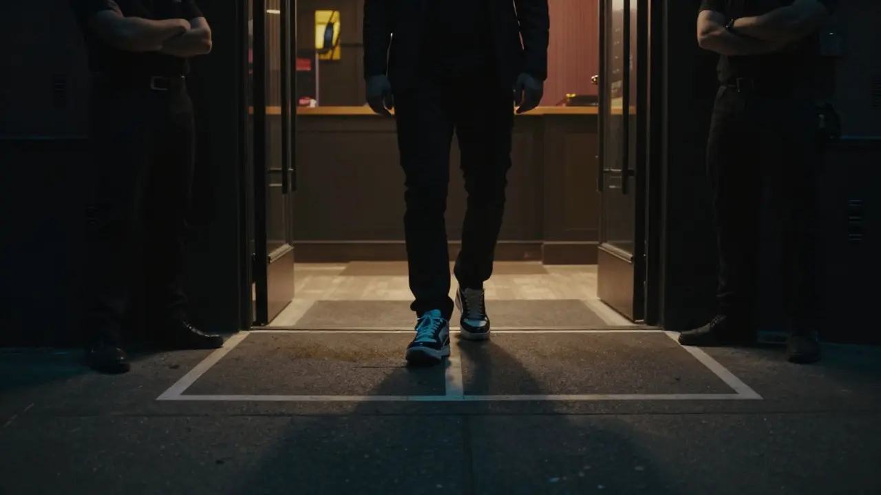 A lone person entering Pacha Munich at night, with the club's glow behind them and staff watching silently from the side.