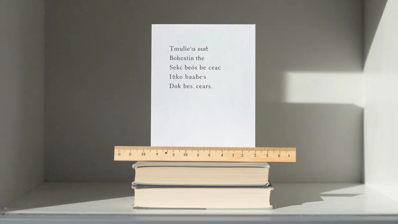 A minimalist bookstore window with three books stacked by height and a wooden ruler, no signs or prices.
