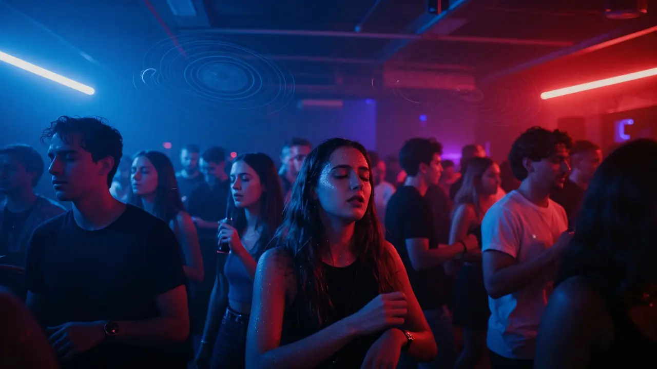 A packed underground warehouse club with pulsing lights and dancers lost in techno rhythm.