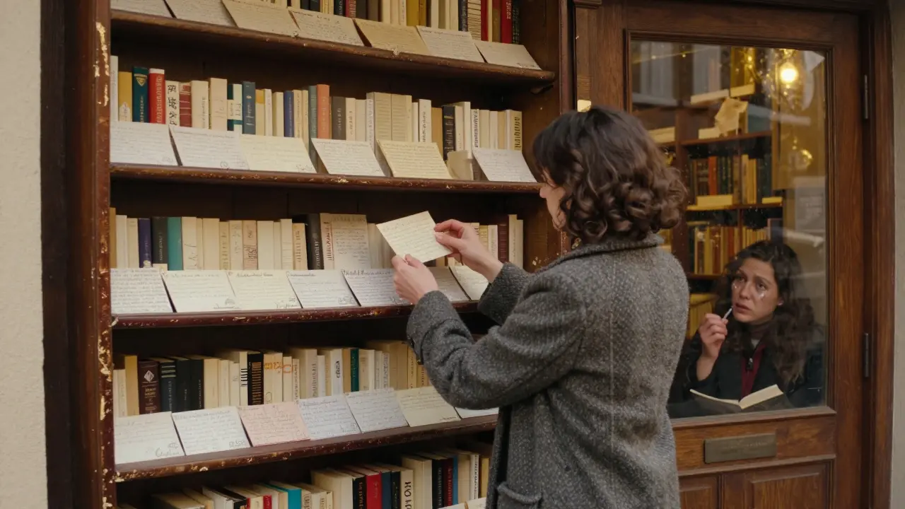 A quiet bookshop filled with handwritten letters on dusty shelves, a woman placing a new note among them.
