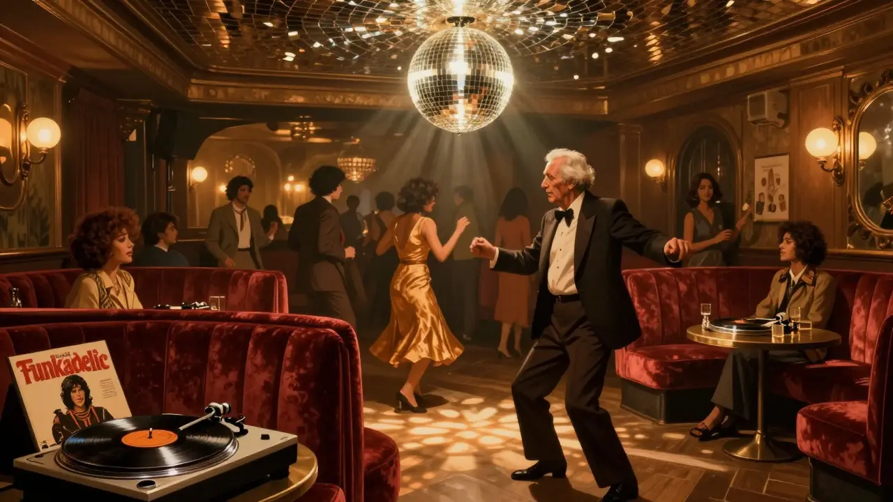 A retro disco lounge with velvet booths and a mirrored ceiling, people dancing under a disco ball at 1 a.m.