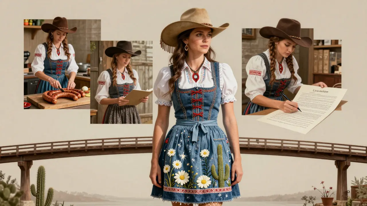 A surreal portrait of Texas Patti merging Texan and Bavarian cultural elements, with scenes from her daily life floating around her.