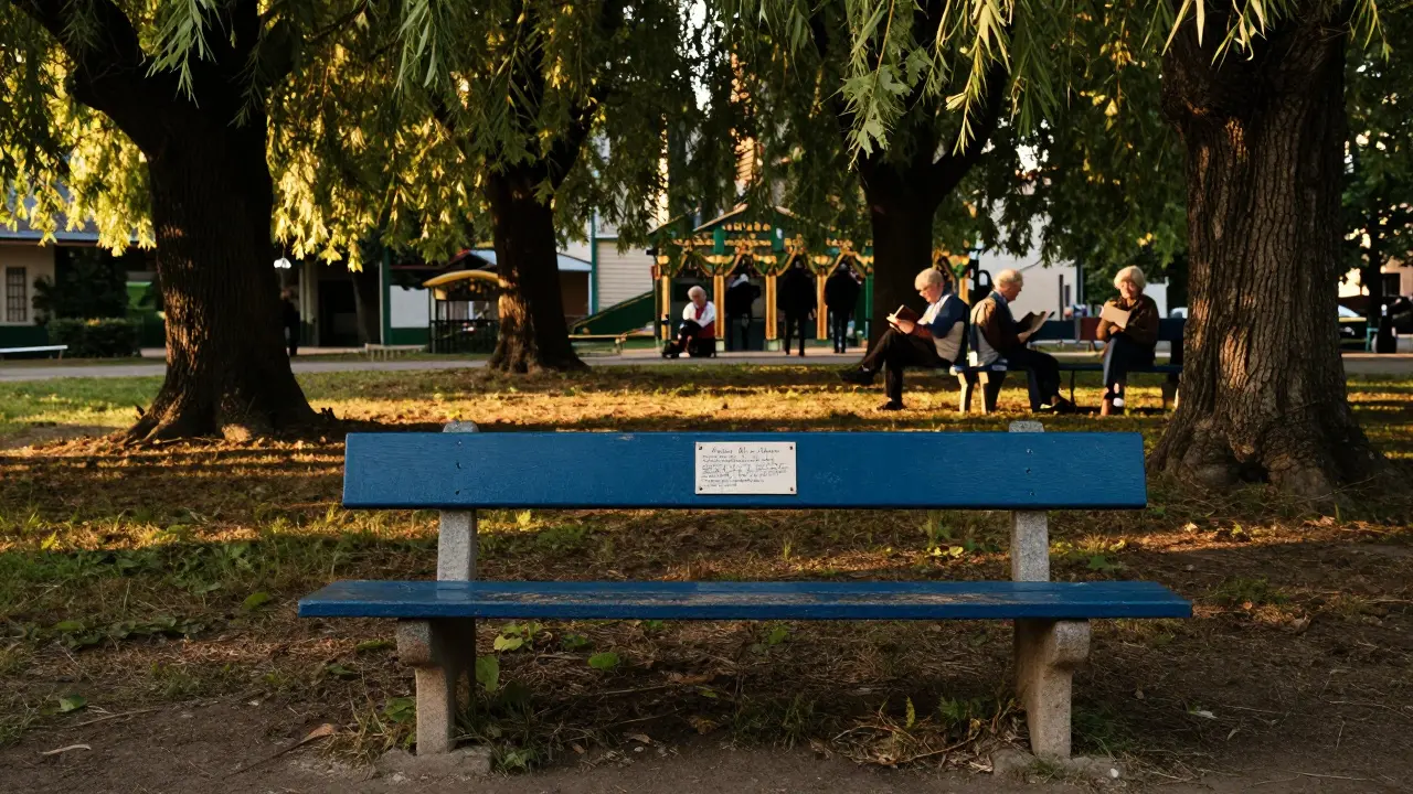 A weathered blue bench in a quiet park, covered in handwritten notes under dappled sunlight.