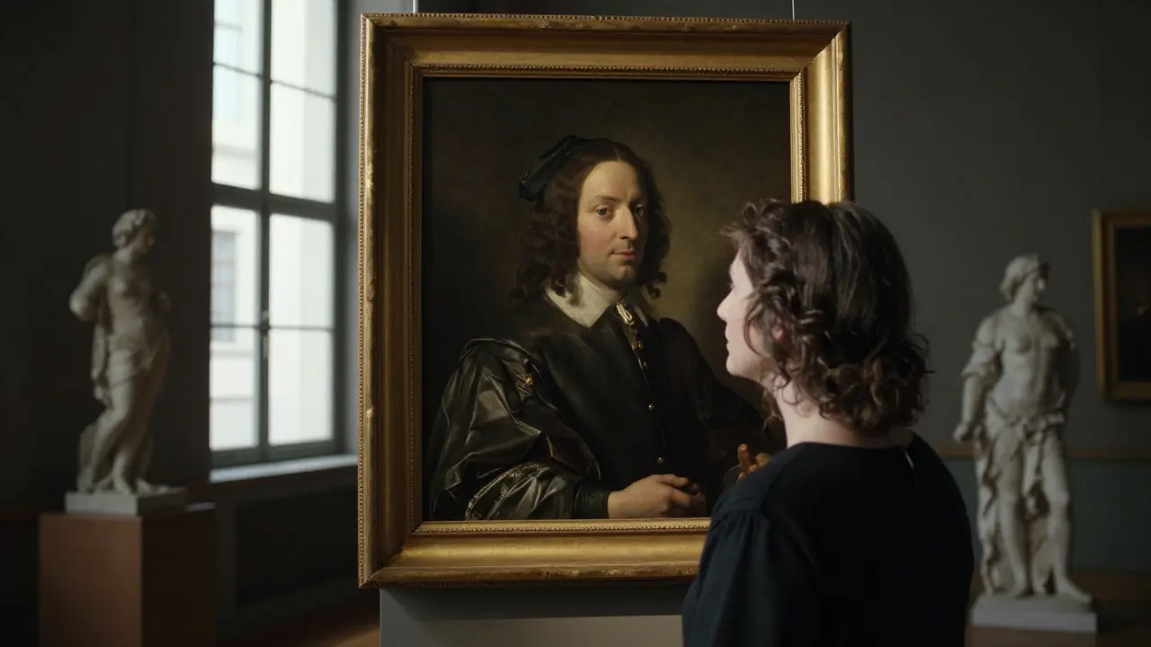 A woman stands in a museum, studying a centuries-old portrait as soft morning light falls across her face, inspired by Munich’s art.