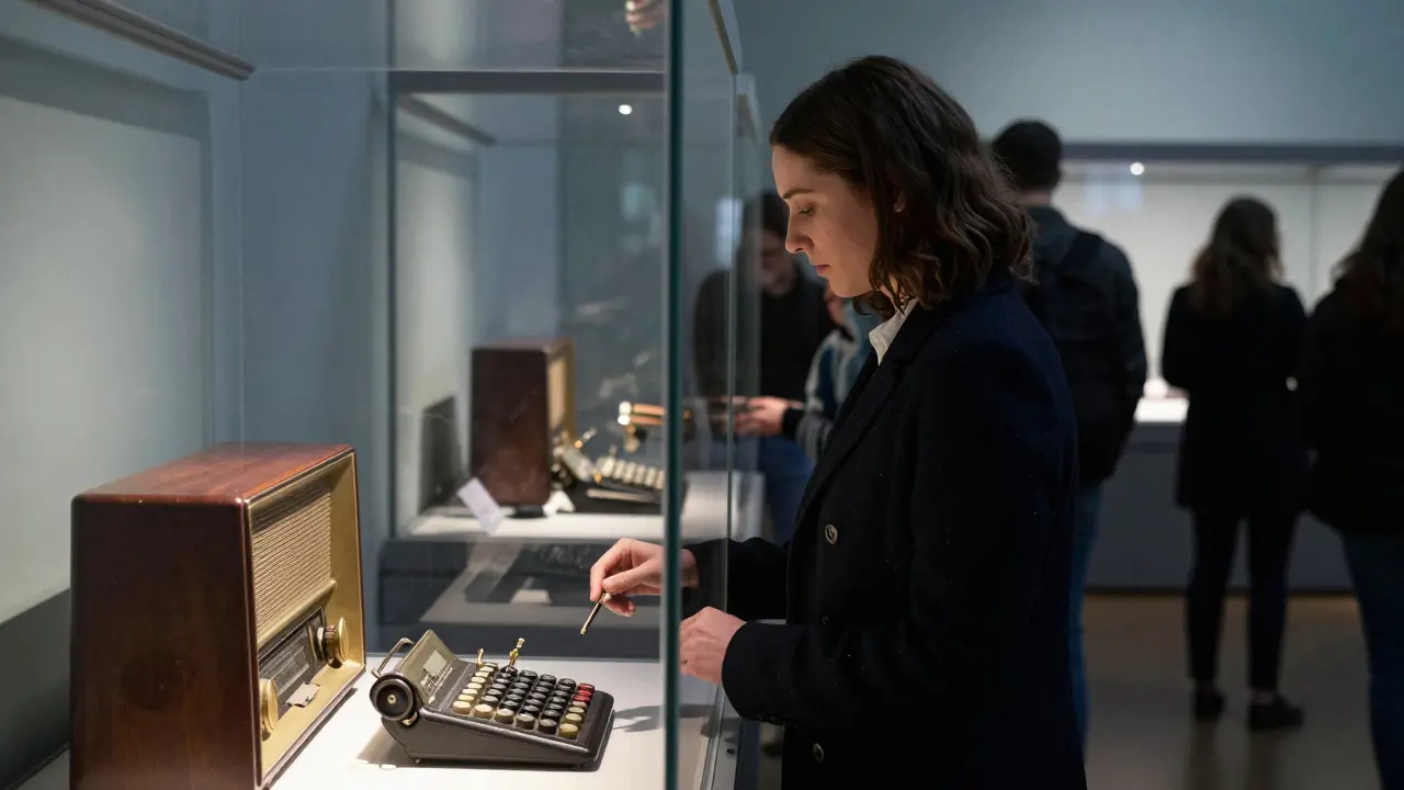 A woman stands quietly beside vintage machinery in a museum, lost in thought among silent exhibits.