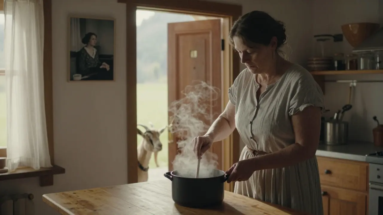 A woman stirs soup in a sunlit kitchen, steam rising, a goat at the door, a faded photo of her younger self on the wall.
