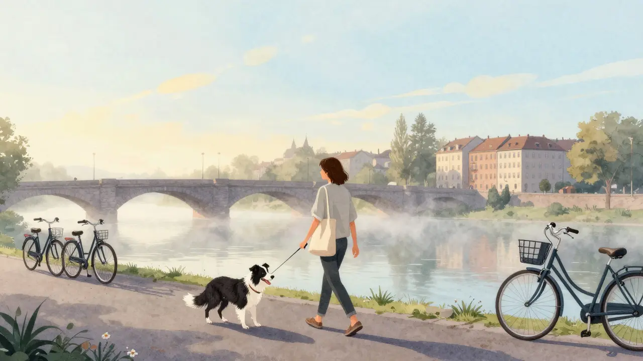 A woman walks her border collie along a river at dawn, surrounded by quiet city life.
