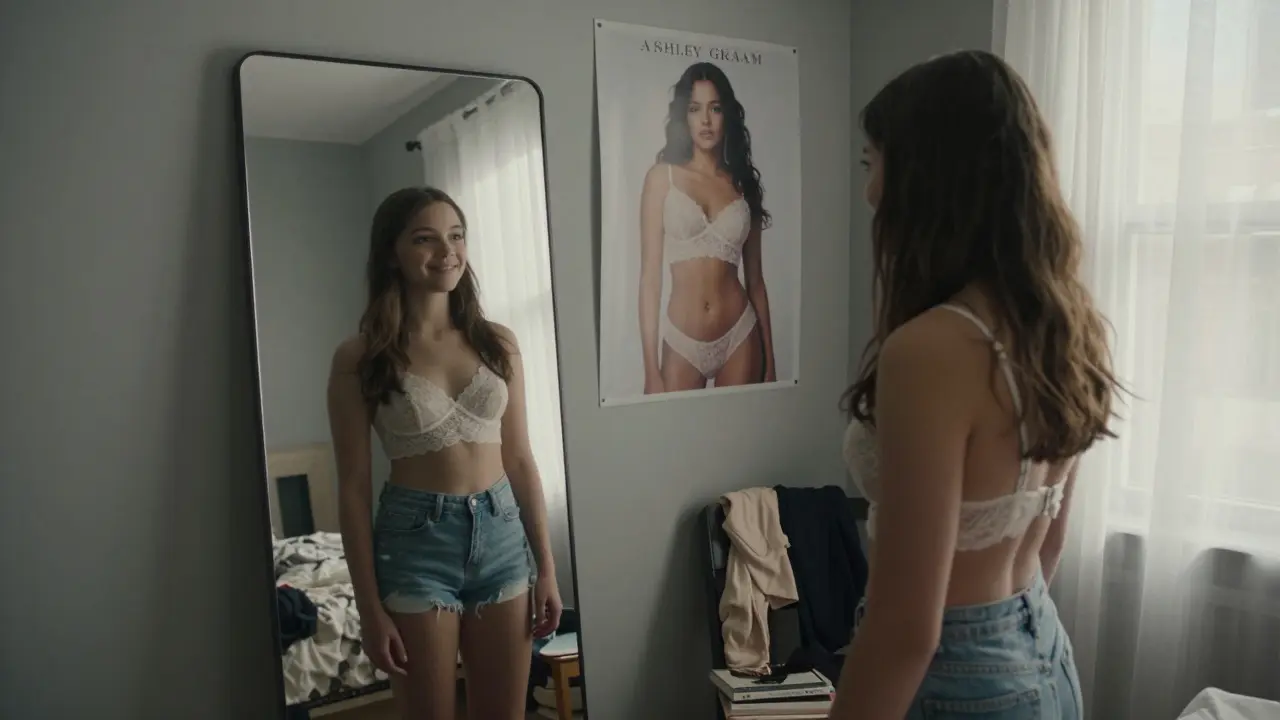 A young girl looking at a poster of a curvy model in her bedroom, reflection showing her smiling.