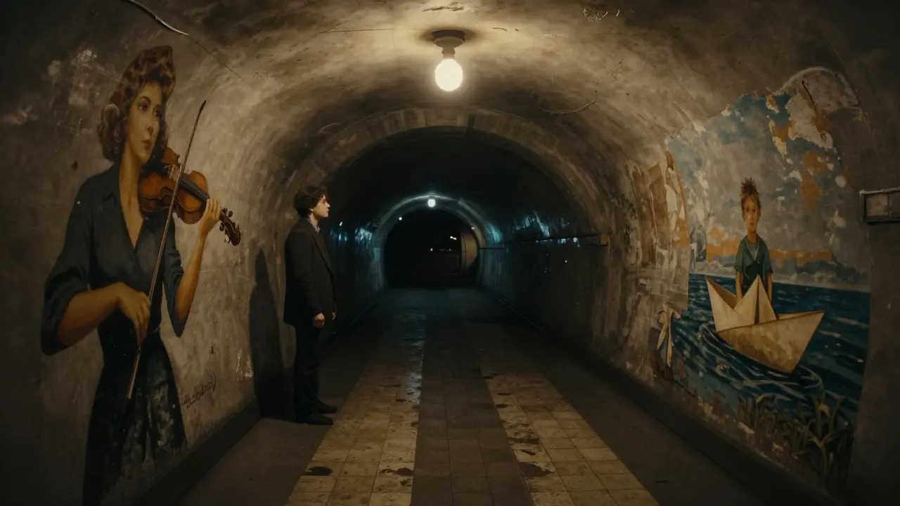 An abandoned tunnel beneath a subway station, lit by a single bulb, with faded murals on tiled walls.