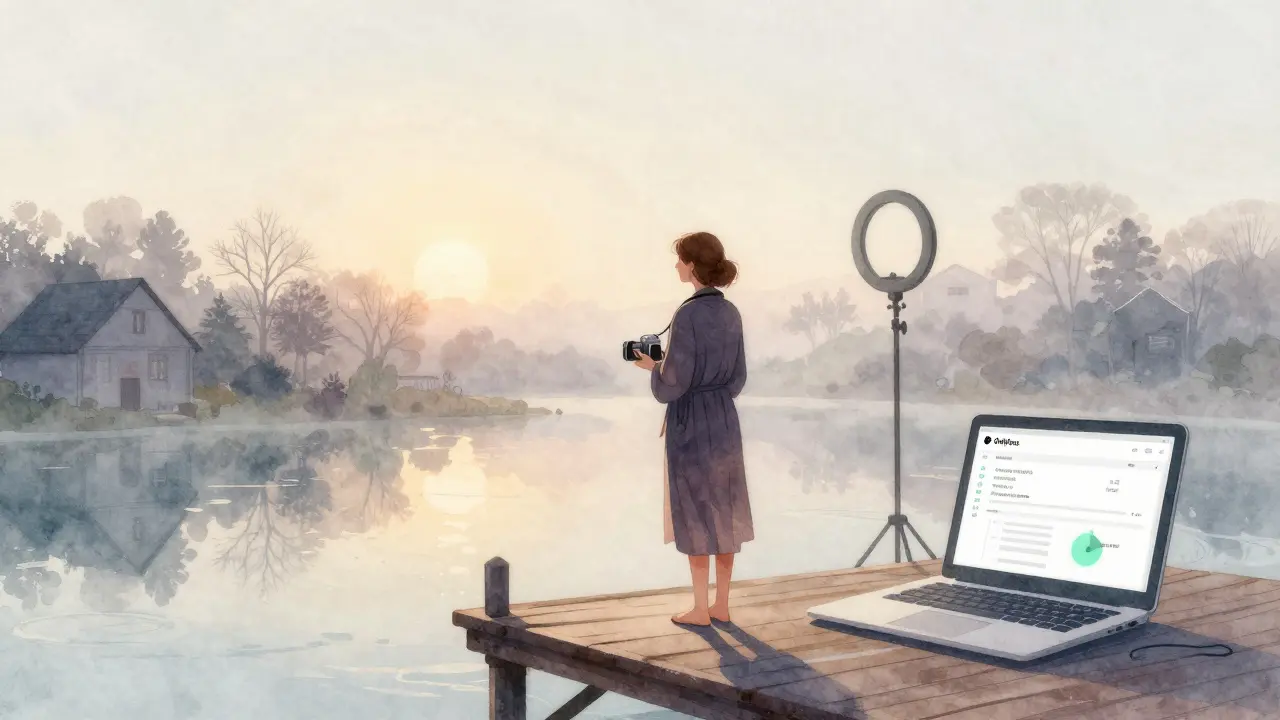 Anny Aurora stands at dawn by the Isar River, holding a camera as faint memories of her journey linger in the mist.