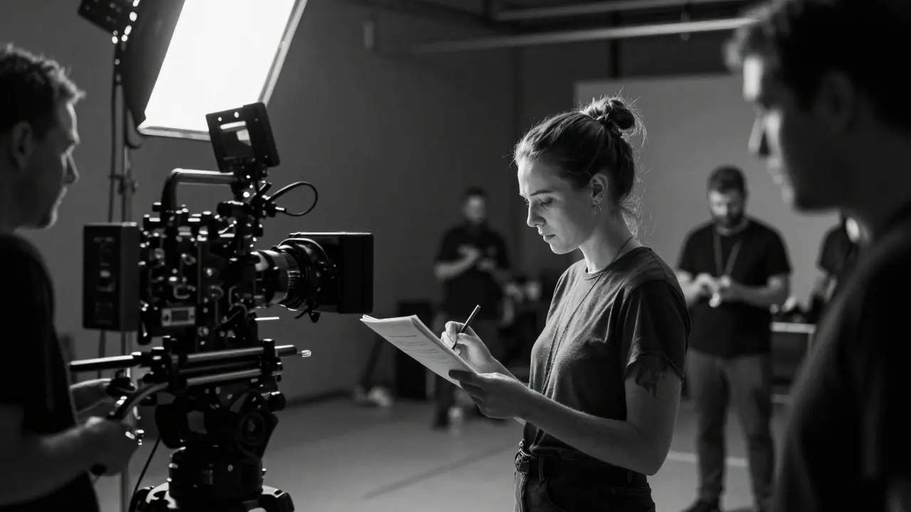 Black and white photo of actress on professional film set.