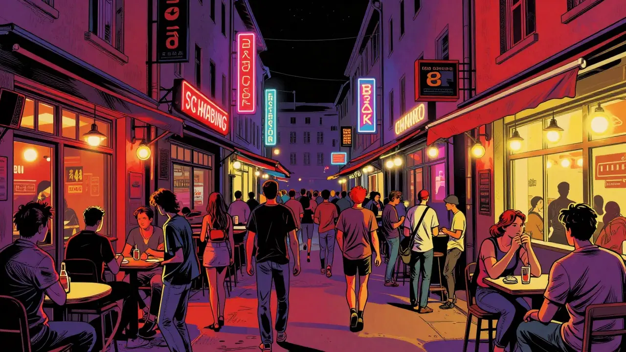 Busy illustrated street of bars with crowded sidewalks in Schwabing.