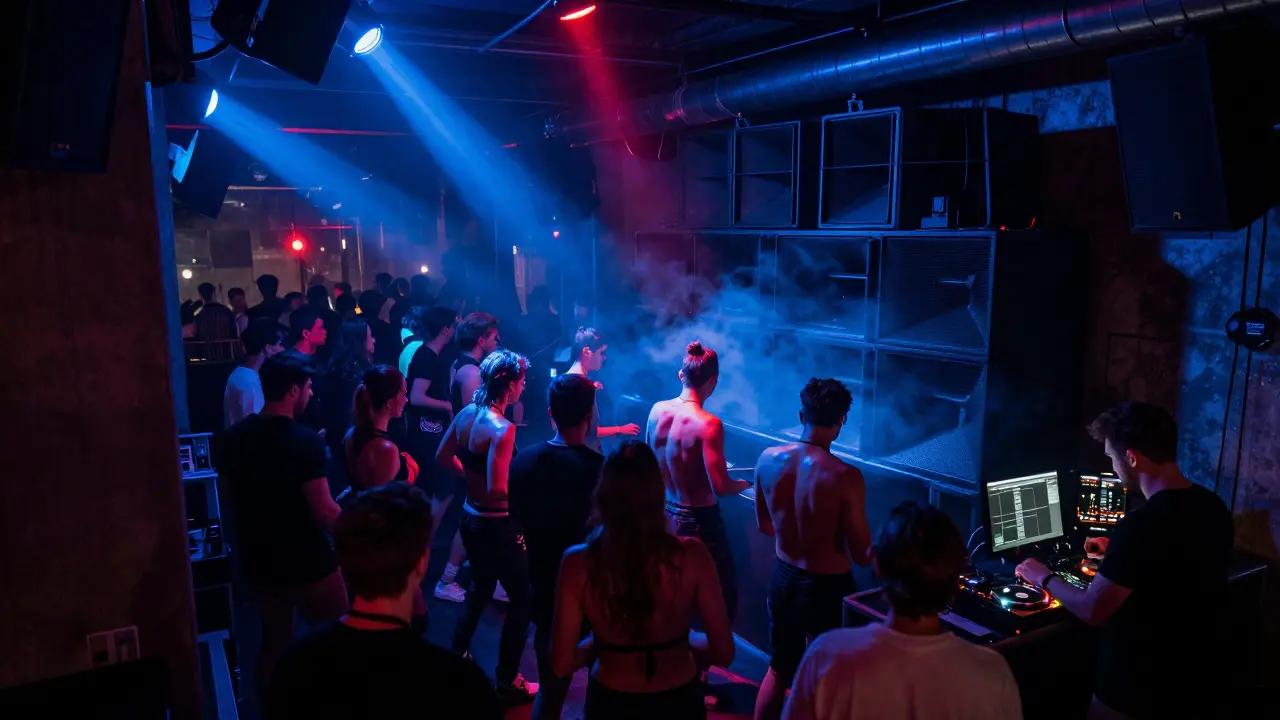 Dancers moving to techno beats in P1 nightclub with industrial lighting and no phones visible