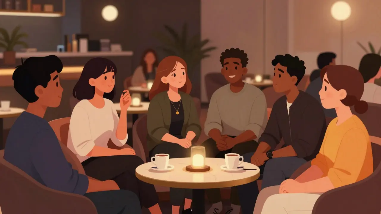 Diverse group of fans interacting respectfully in a lounge area with warm light.