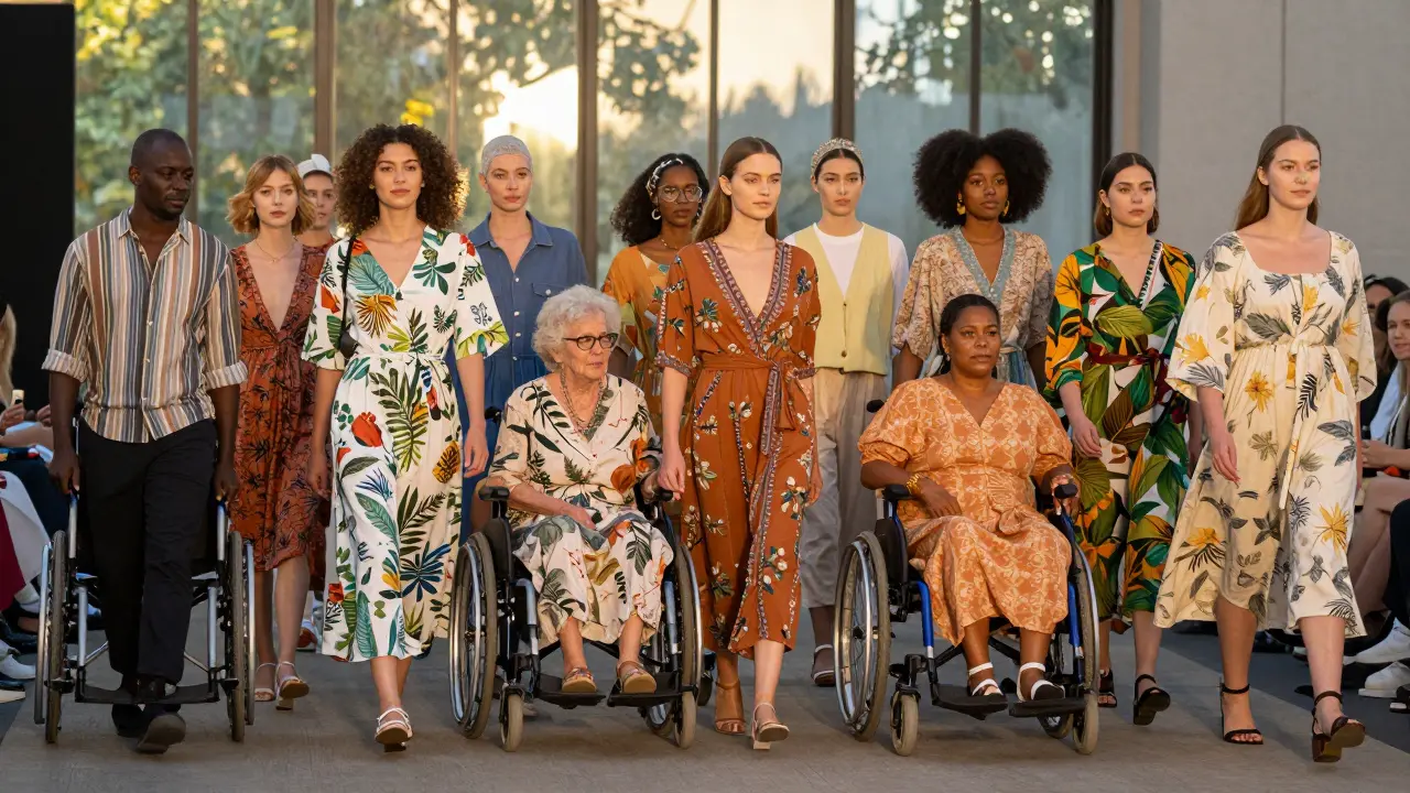 Diverse multi-generational models walking fashion runway together