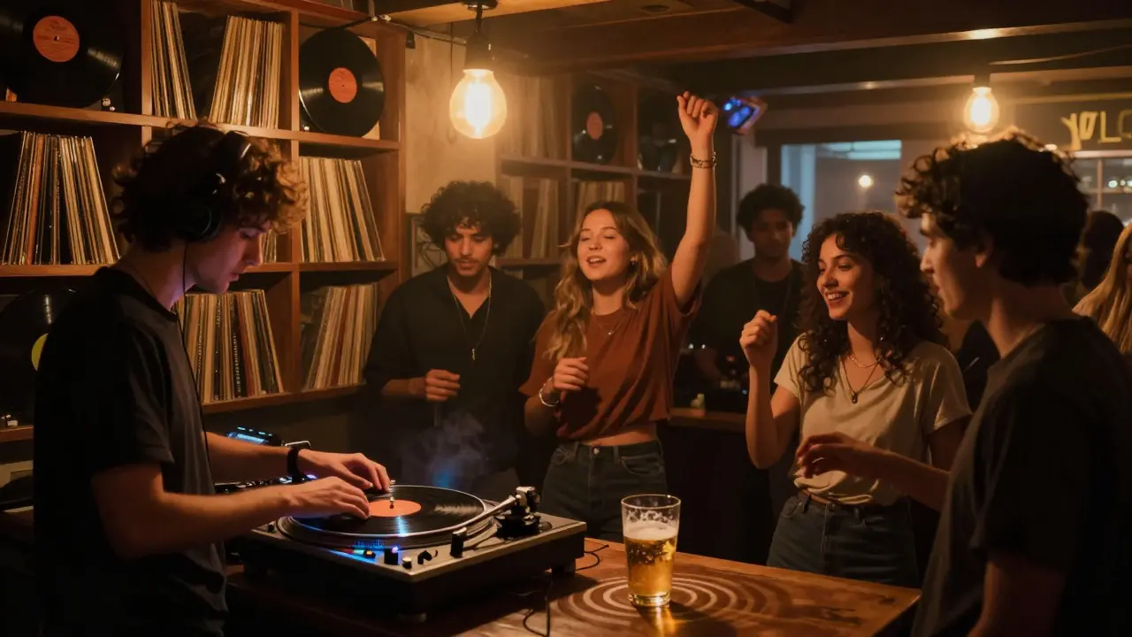 DJs spinning vinyl in a cozy club with walls lined with records, people swaying to deep house music.