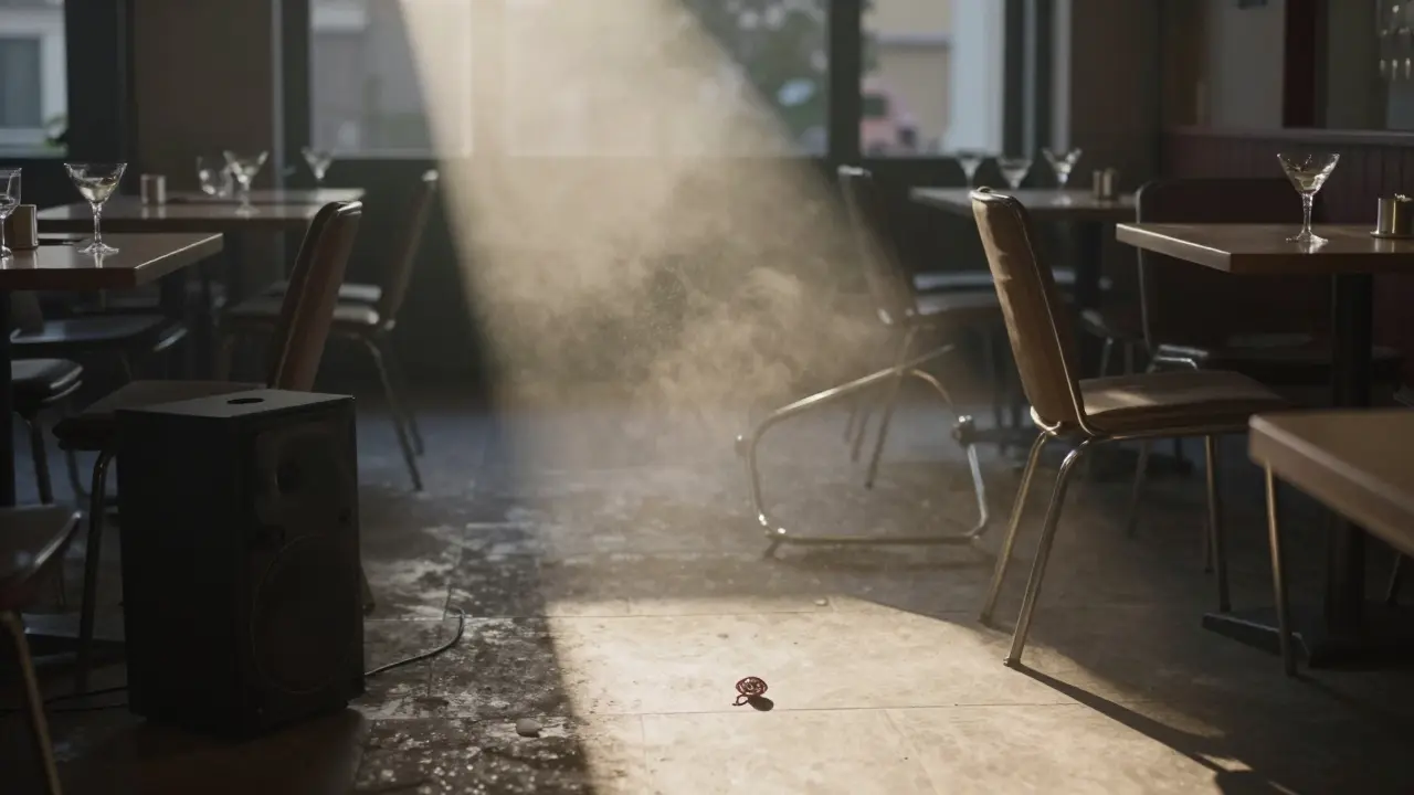 Empty club at dawn after closing, a single earring on the floor, silence after hours of music and movement.