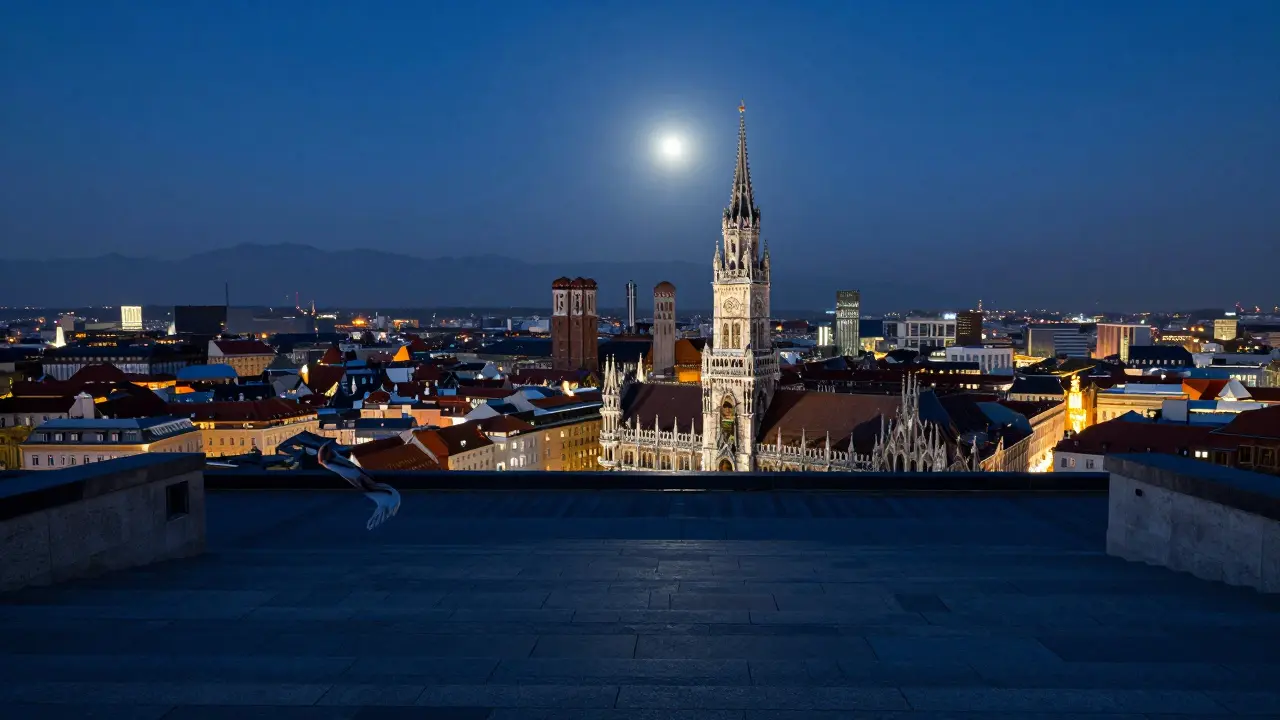 Empty view from Frauenkirche tower at night, Munich skyline glowing under moonlight.