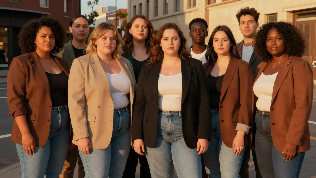 Group of diverse models radiating confidence in urban setting.