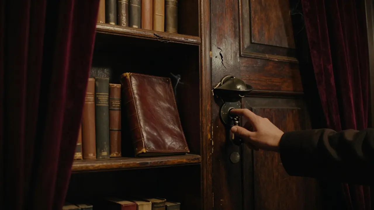 Hidden entrance to Bar 1902 behind a fake bookshelf, dim light glowing from within.