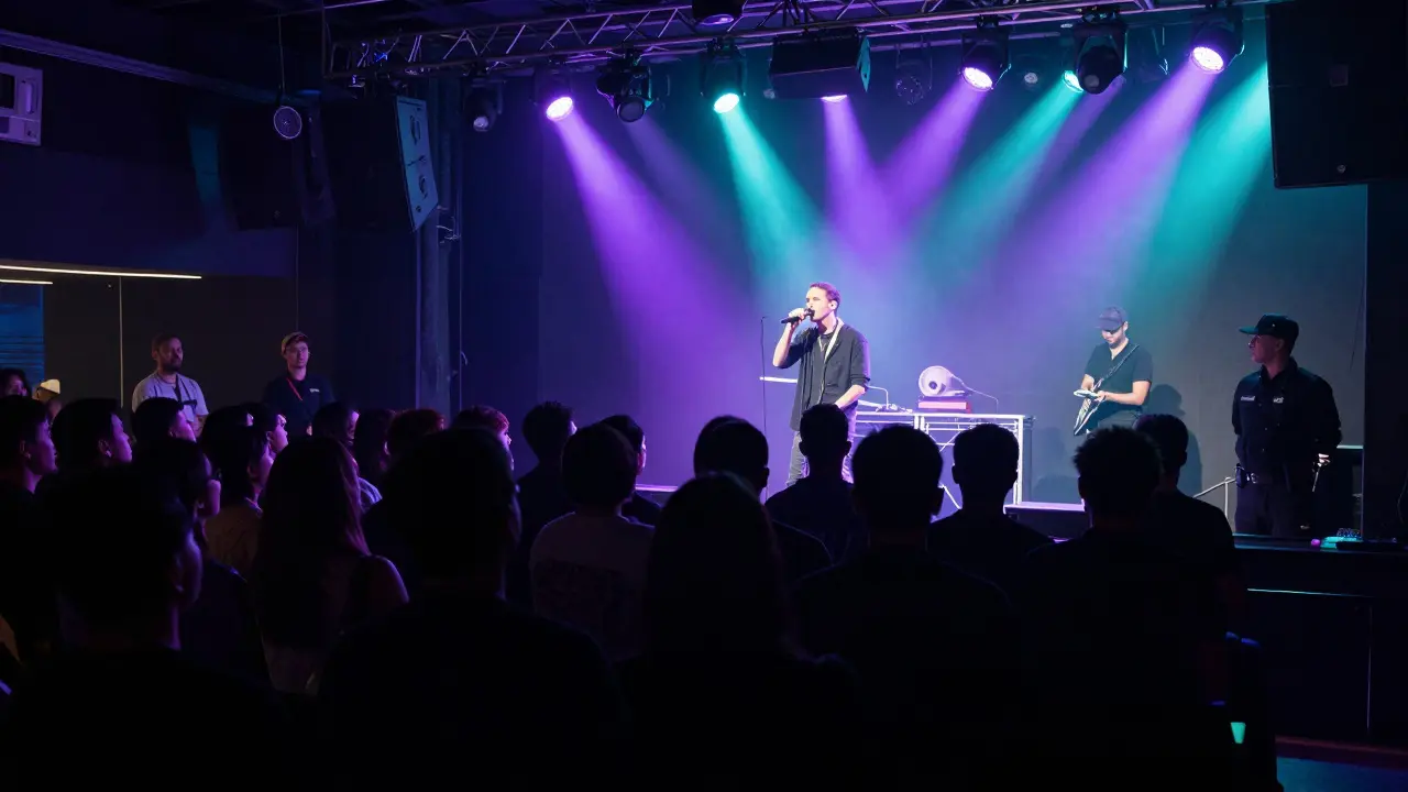 Interior of a nightclub with stage lighting and an engaged audience in the dark.