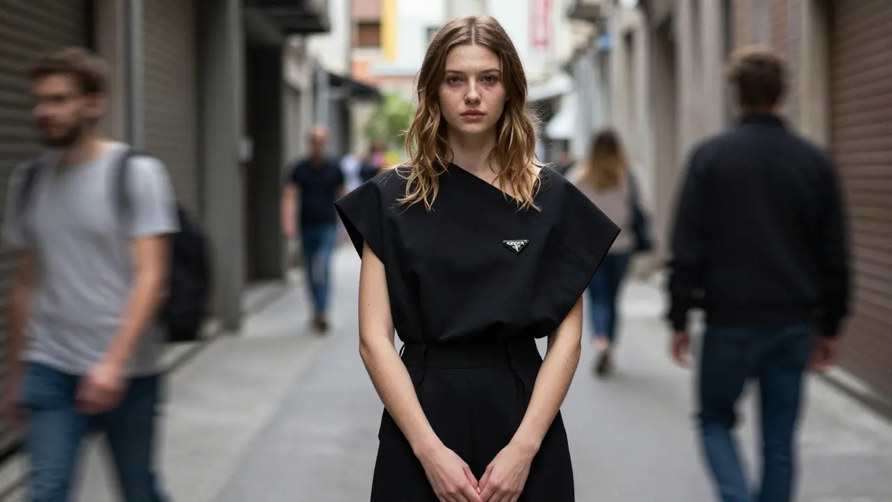 Lila Moss in a Prada outfit, standing in an urban alleyway with natural light highlighting her features.