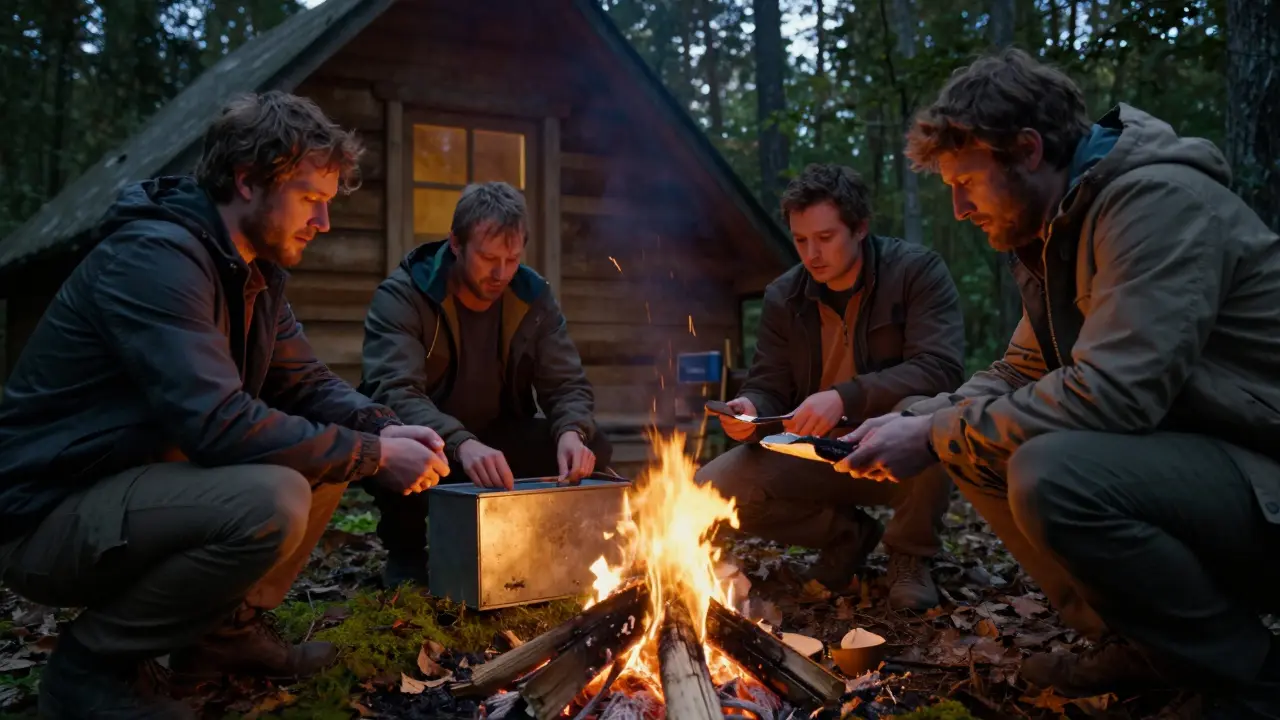 Men building a fire and digging up a hidden time capsule in a quiet forest cabin, no phones, only firelight.