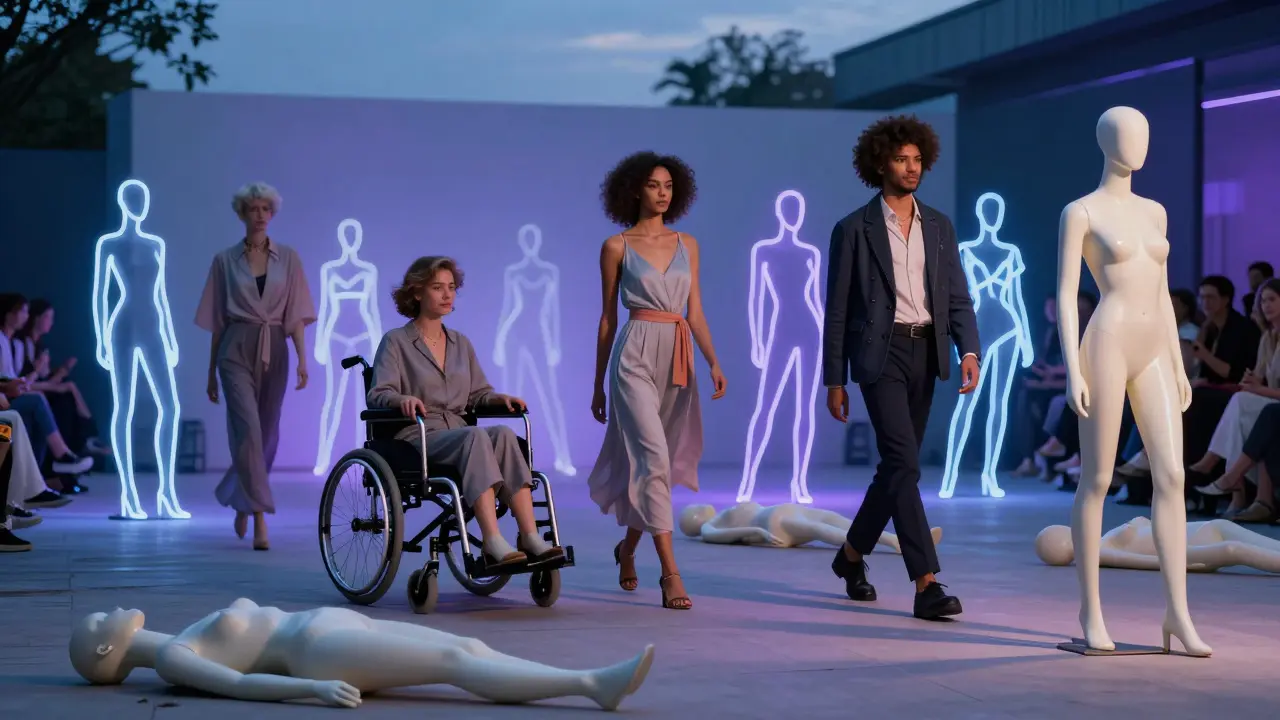 Modern diverse models strut past discarded mannequins on a runway, symbolizing the end of outdated beauty ideals.