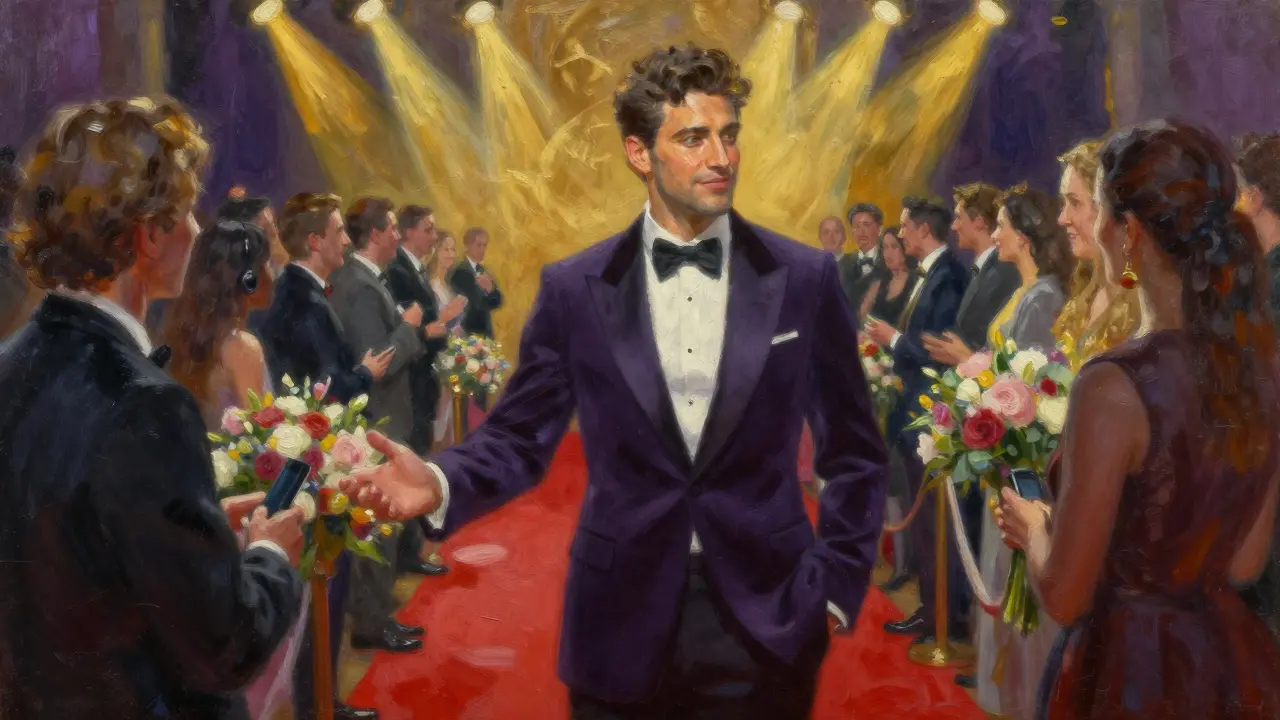 Oil painting of red carpet event with spotlighting and flowers.