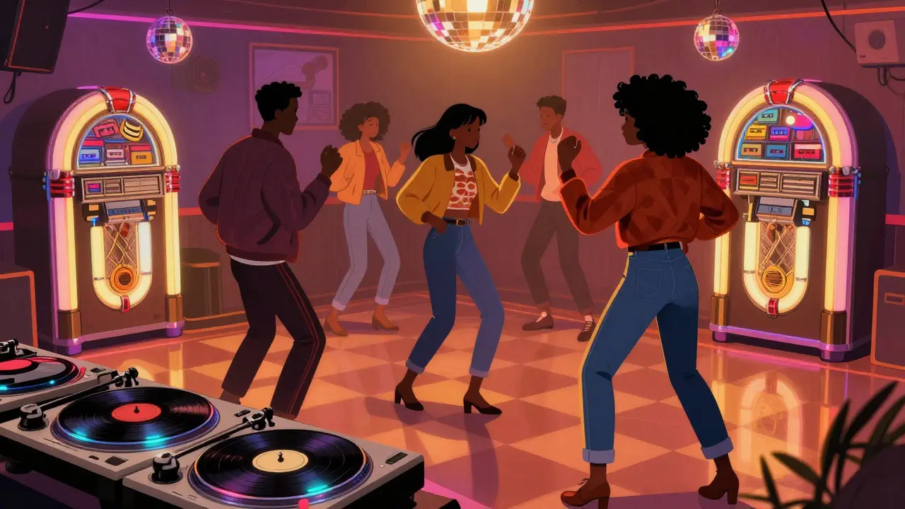 Retro 90s dance floor with vinyl turntables and neon lighting, patrons moving to classic synth-pop and techno tracks.