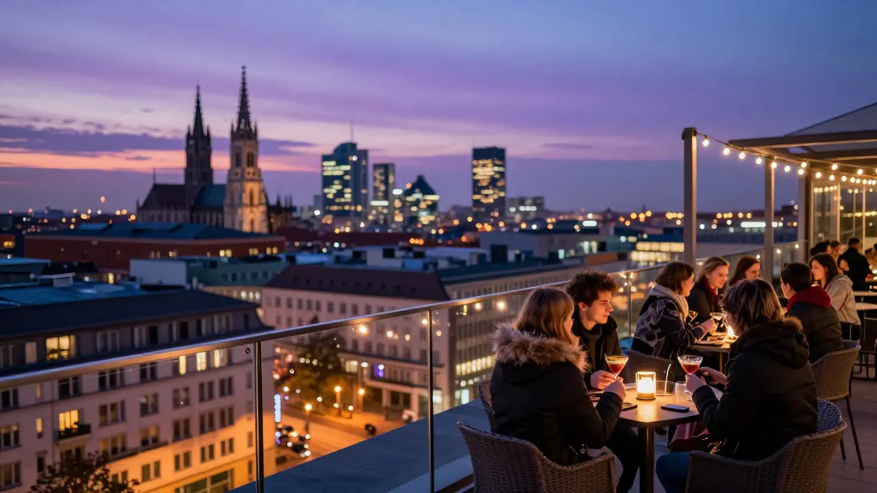 Rooftop terrace party overlooking Munich city skyline at twilight.