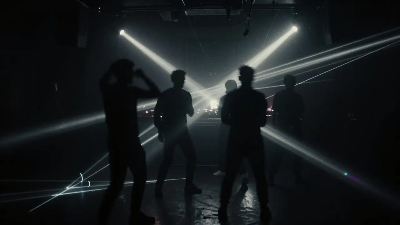 Silhouettes dancing in a dark club with laser lights and smoke.