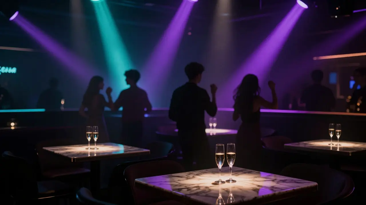 Silhouettes dancing in a smoky premium lounge with spotlight.