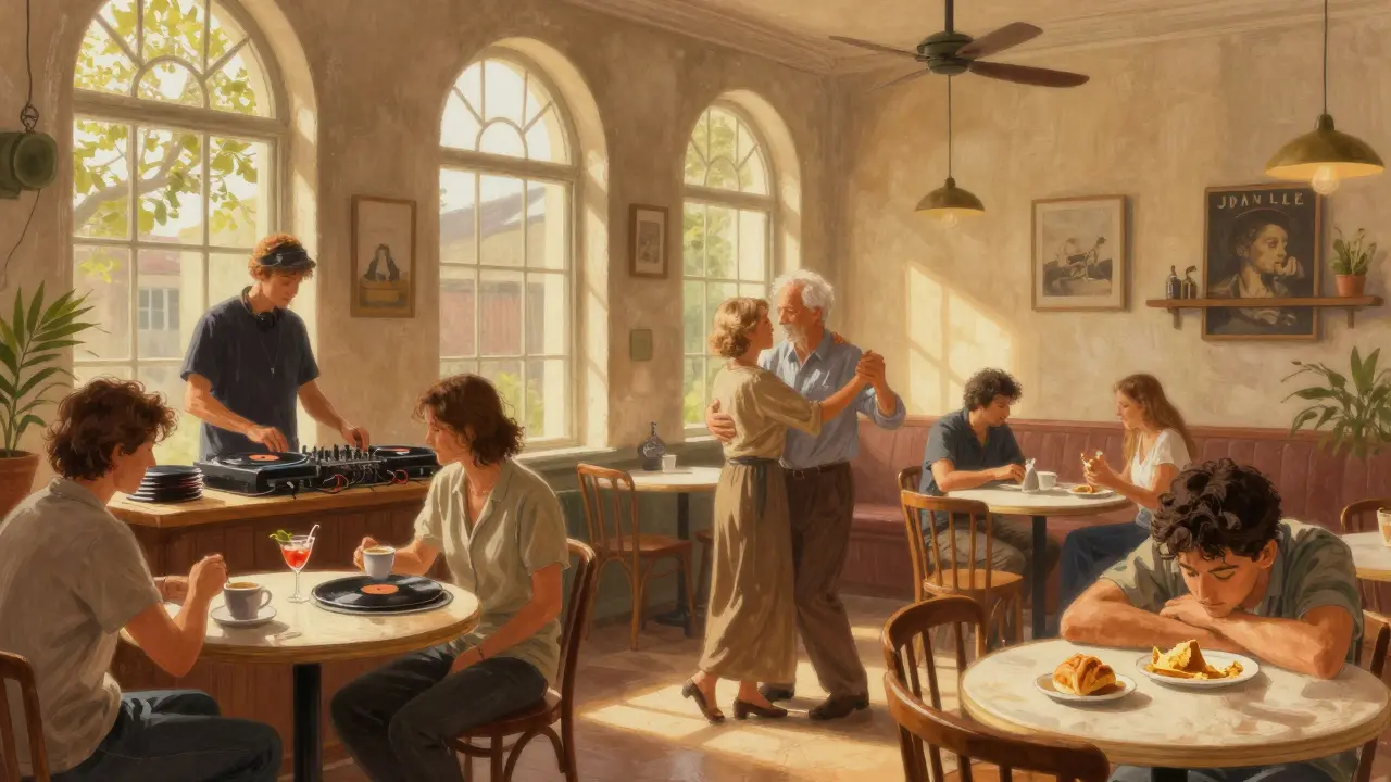 Sunday morning at Muffathalle with people drinking coffee and dancing to vinyl jazz