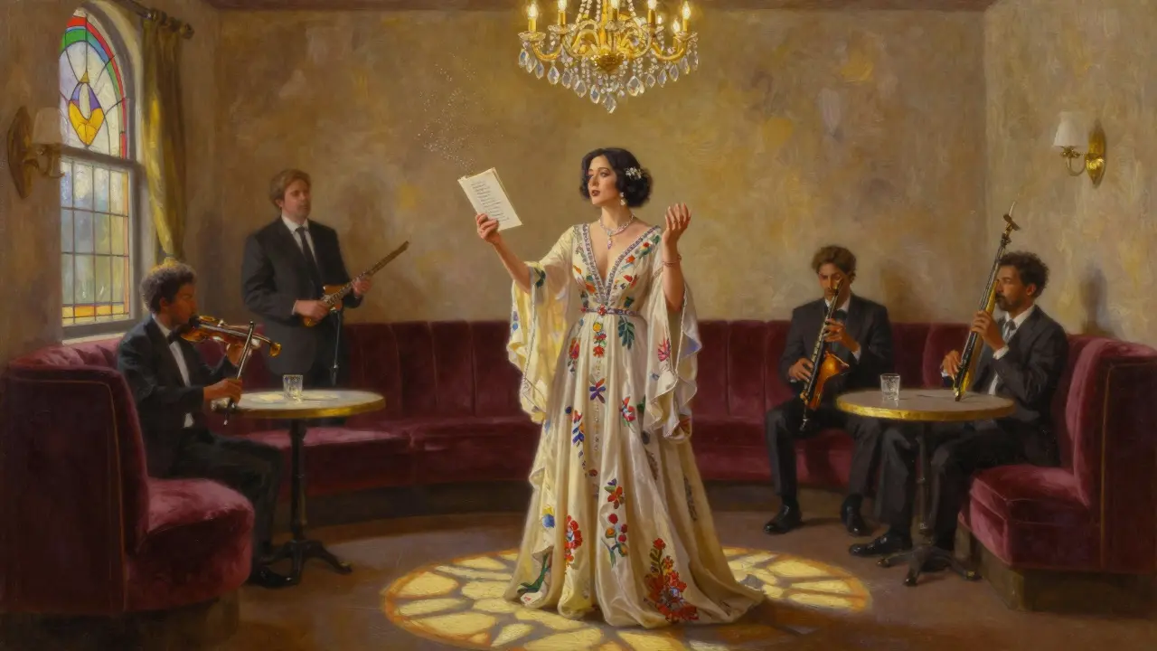 Texas Patti reads poetry under a chandelier at Die Goldene Kugel, surrounded by jazz musicians and velvet booths.