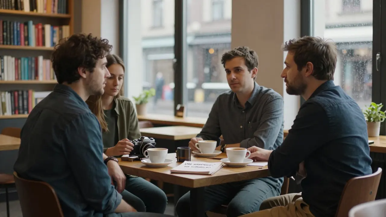 Three quiet collaborators meet at a Munich café—lighting tech, editor, and coach—sharing silent support over coffee.