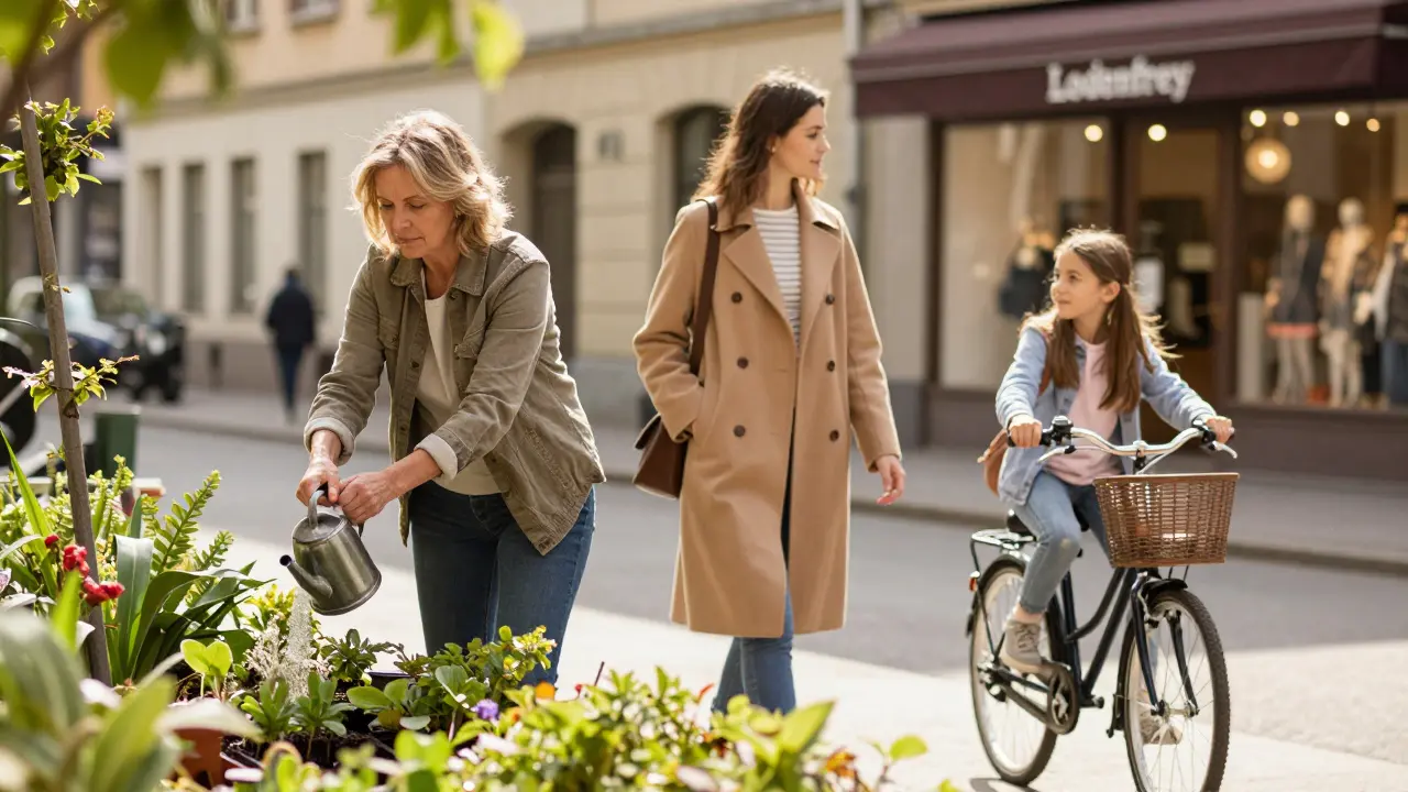 Three women in everyday Munich life—gardening, walking, biking—captured in natural daylight, no filters, radiating quiet authenticity.