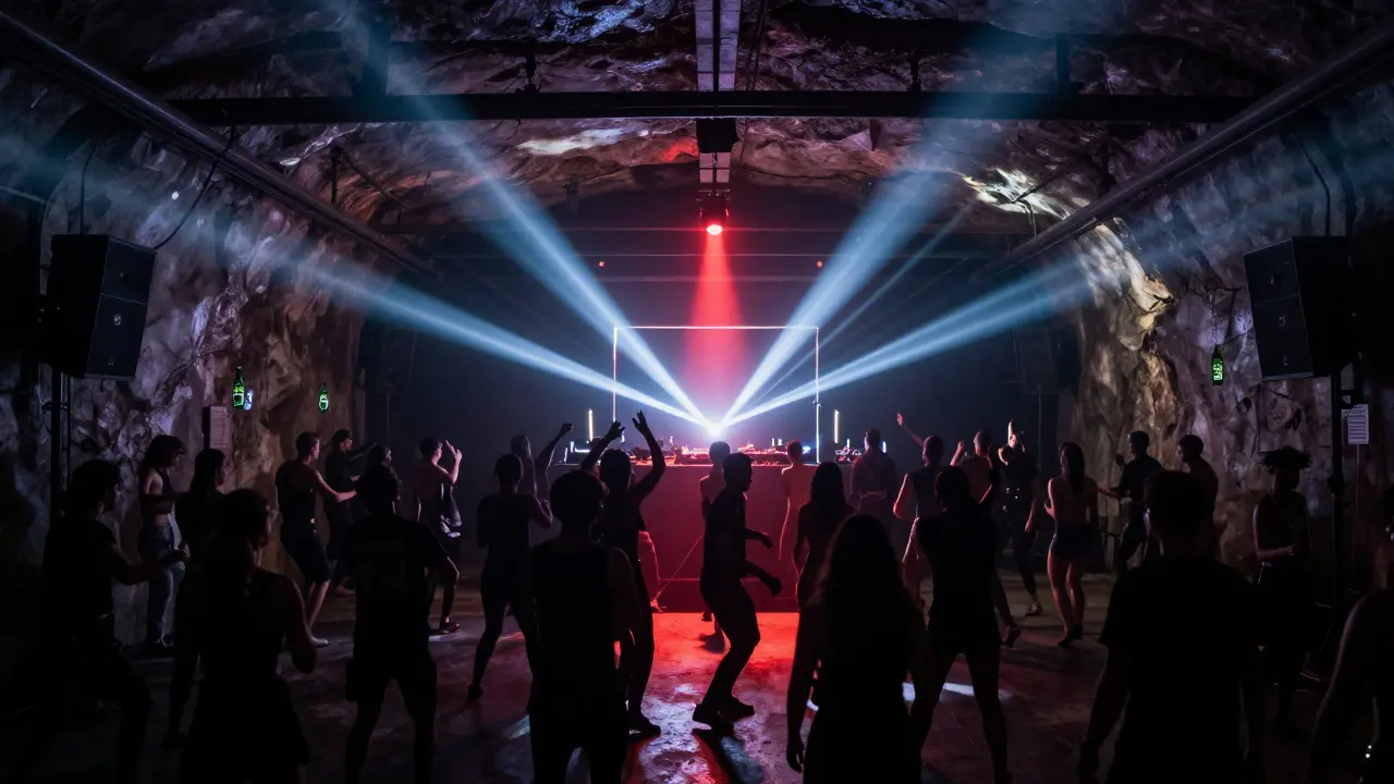 Underground basement club with pulsing lights and silhouetted dancers moving to intense techno beats.